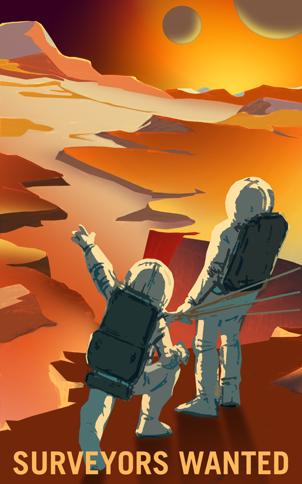 Artist's concept of two astronauts on a canyon ledge, gazing at a mountain horizon with two moons in the Martian sky.